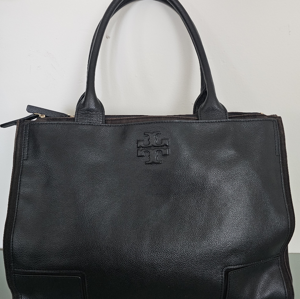 Tory Burch black leather laptop tote